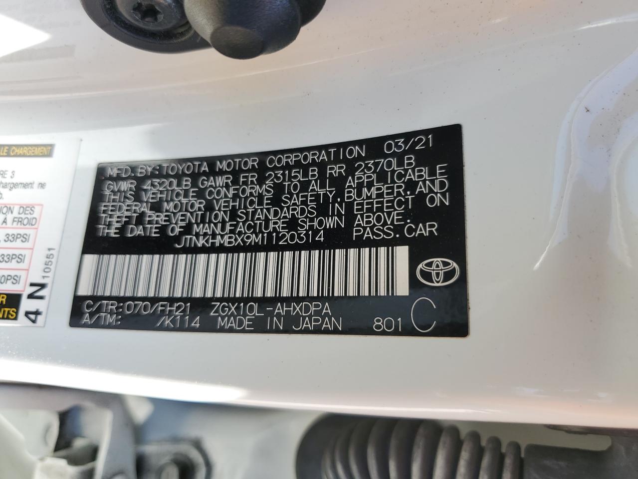 2021 Toyota C-Hr Xle VIN: JTNKHMBX9M1120314 Lot: 81302905