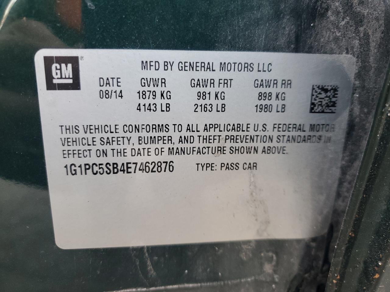 2014 Chevrolet Cruze Lt VIN: 1G1PC5SB4E7462876 Lot: 80960015