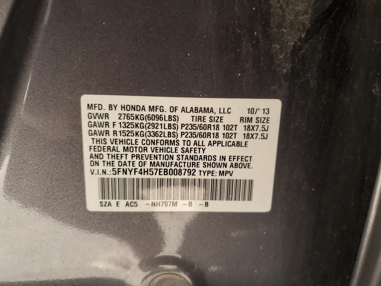 2014 Honda Pilot VIN: 5FNYF4H57EB008792 Lot: 80823265