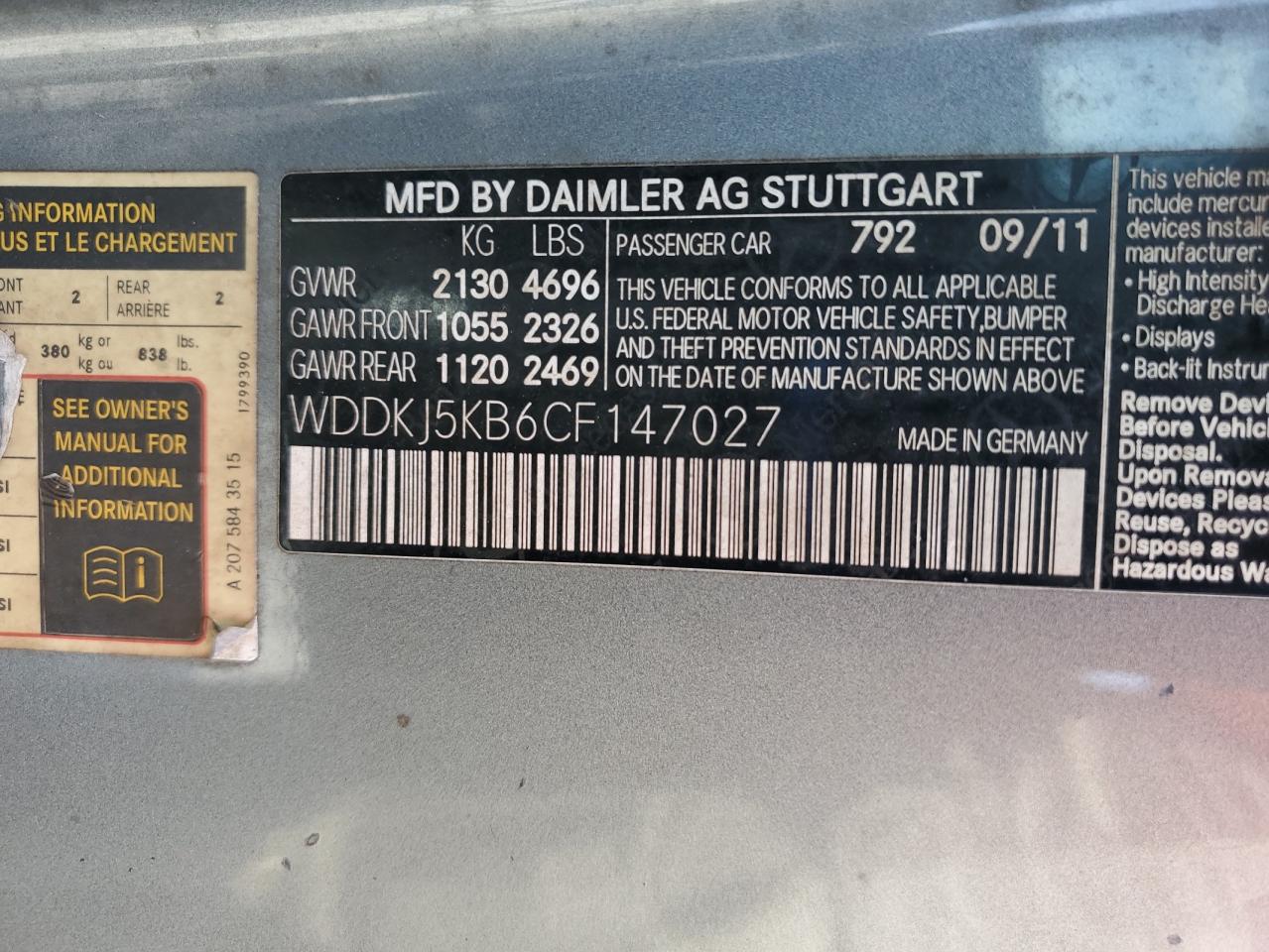 2012 Mercedes-Benz E 350 VIN: WDDKJ5KB6CF147027 Lot: 81710625