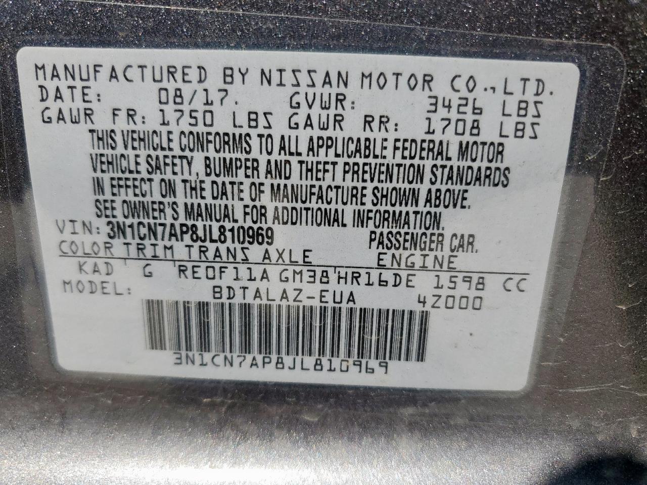 2018 Nissan Versa S VIN: 3N1CN7AP8JL810969 Lot: 80276585