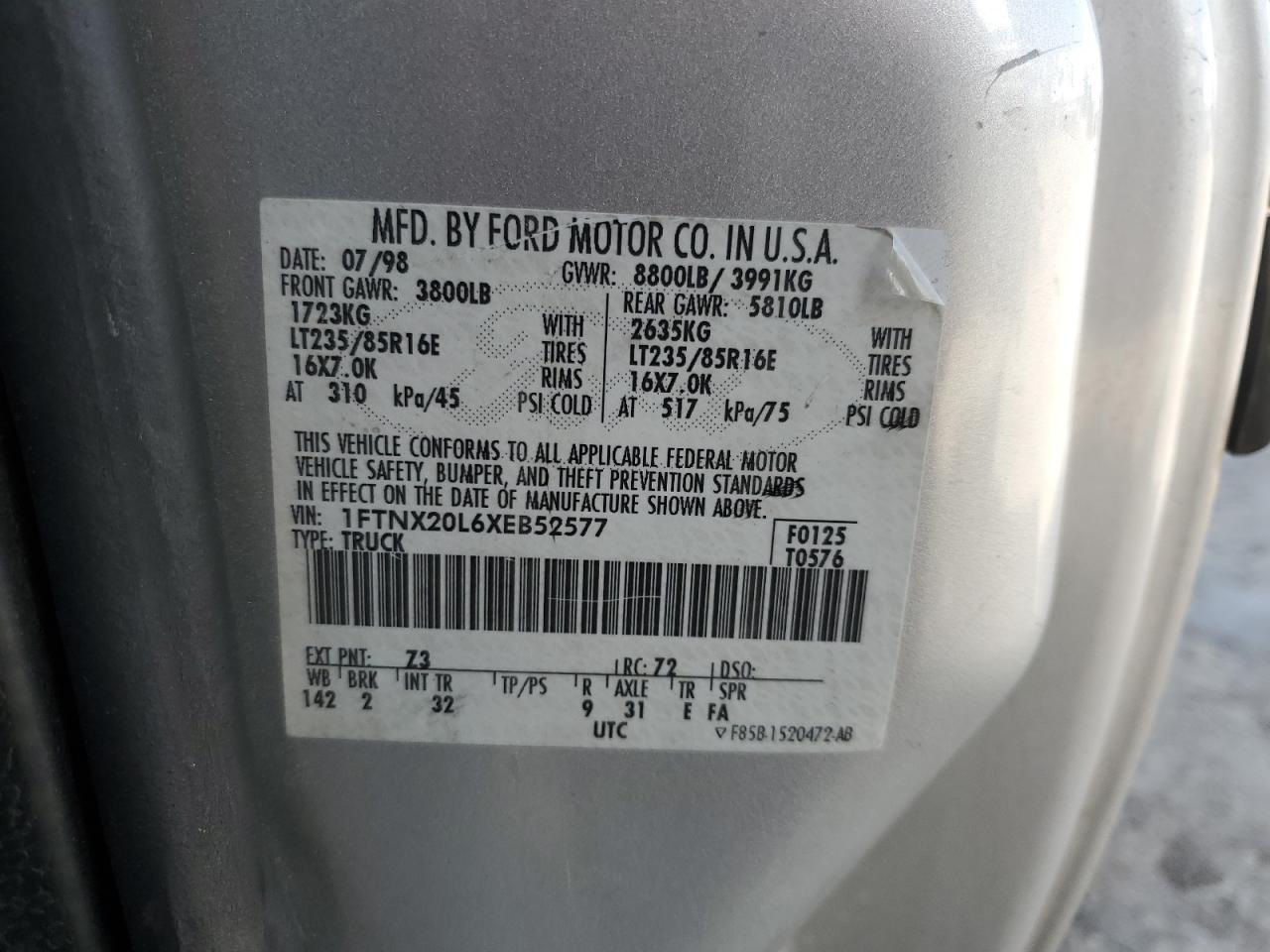 1999 Ford F250 Super Duty VIN: 1FTNX20L6XEB52577 Lot: 81791185