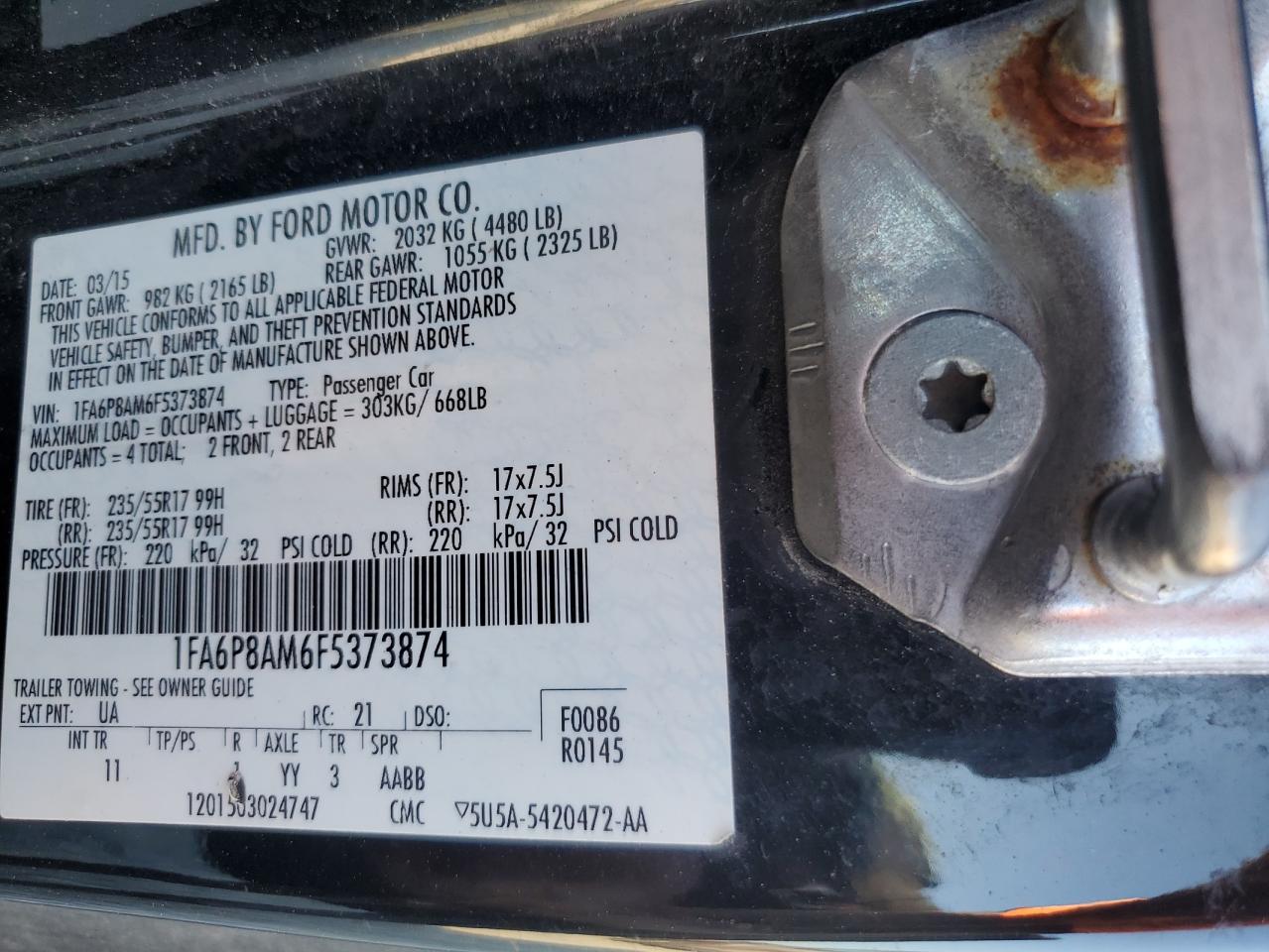 2015 Ford Mustang VIN: 1FA6P8AM6F5373874 Lot: 71000075