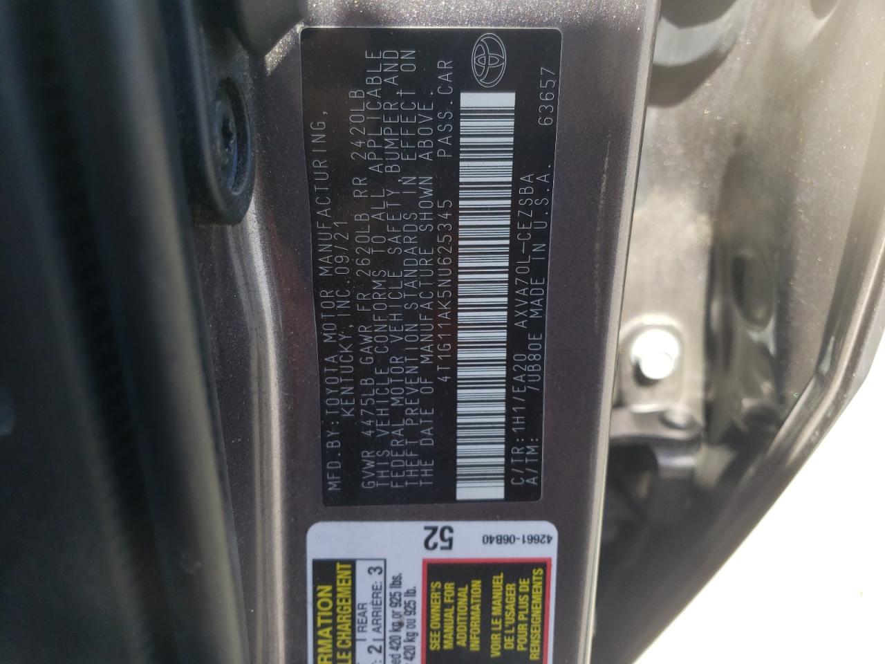 2022 Toyota Camry Se VIN: 4T1G11AK5NU625345 Lot: 80754765