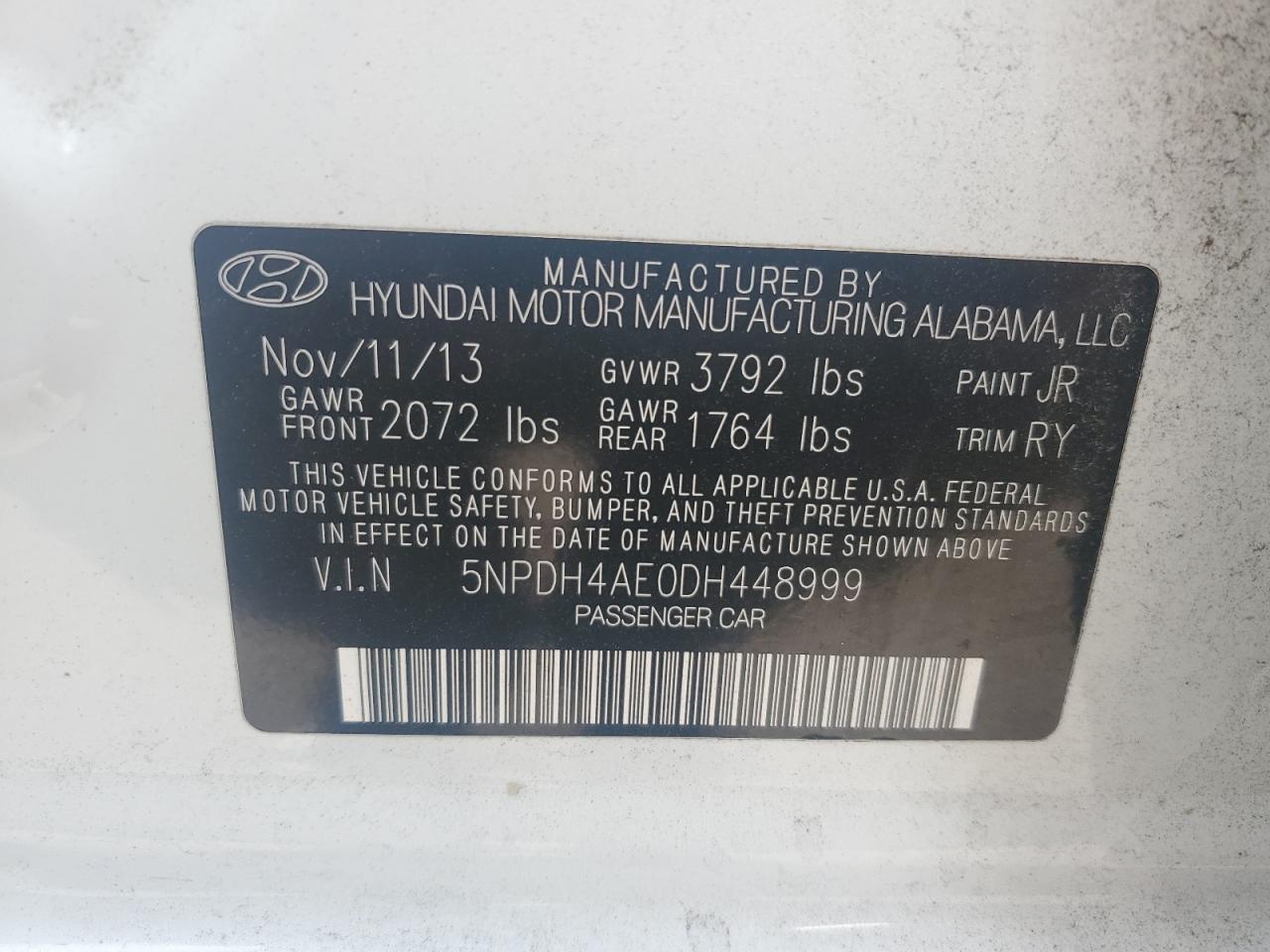 2013 Hyundai Elantra Gls VIN: 5NPDH4AE0DH448999 Lot: 81730955