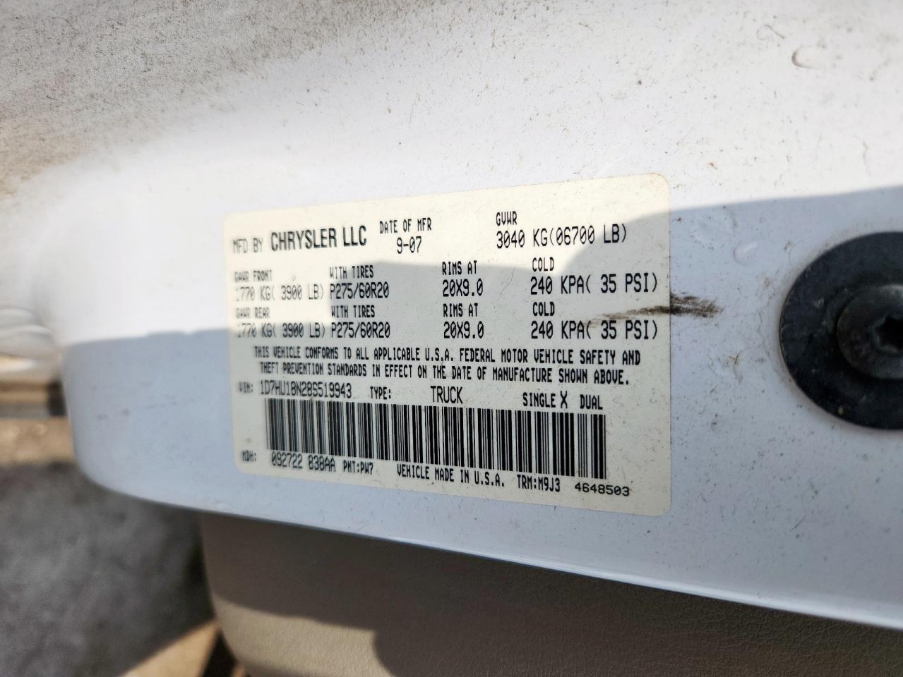 2008 Dodge Ram 1500 St VIN: 1D7HU18N28S519943 Lot: 71623145