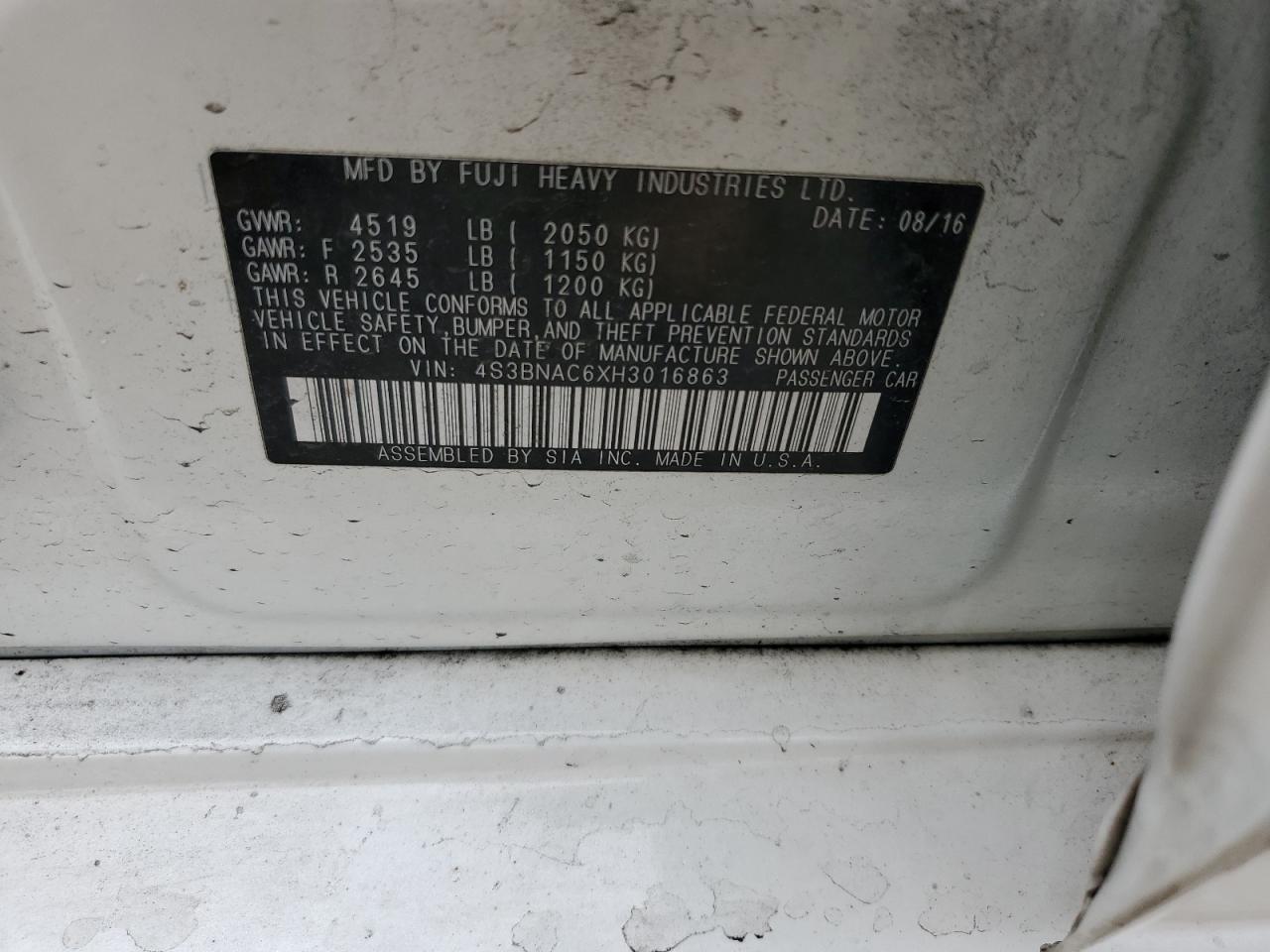 2017 Subaru Legacy 2.5I Premium VIN: 4S3BNAC6XH3016863 Lot: 80750225