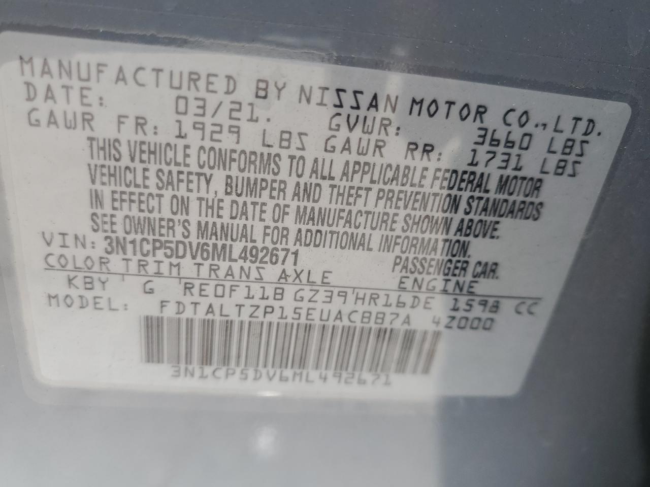 2021 Nissan Kicks Sr VIN: 3N1CP5DV6ML492671 Lot: 80890315