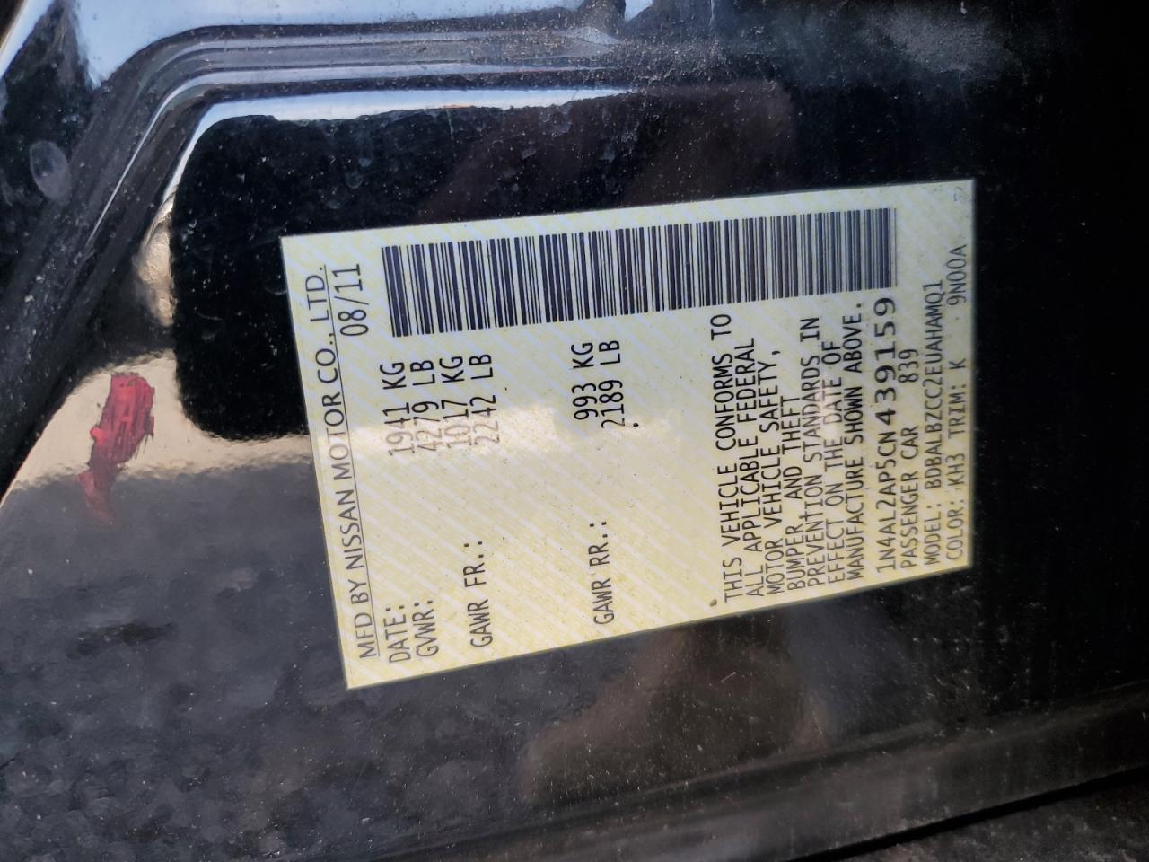 2012 Nissan Altima Base VIN: 1N4AL2AP5CN439159 Lot: 80140225