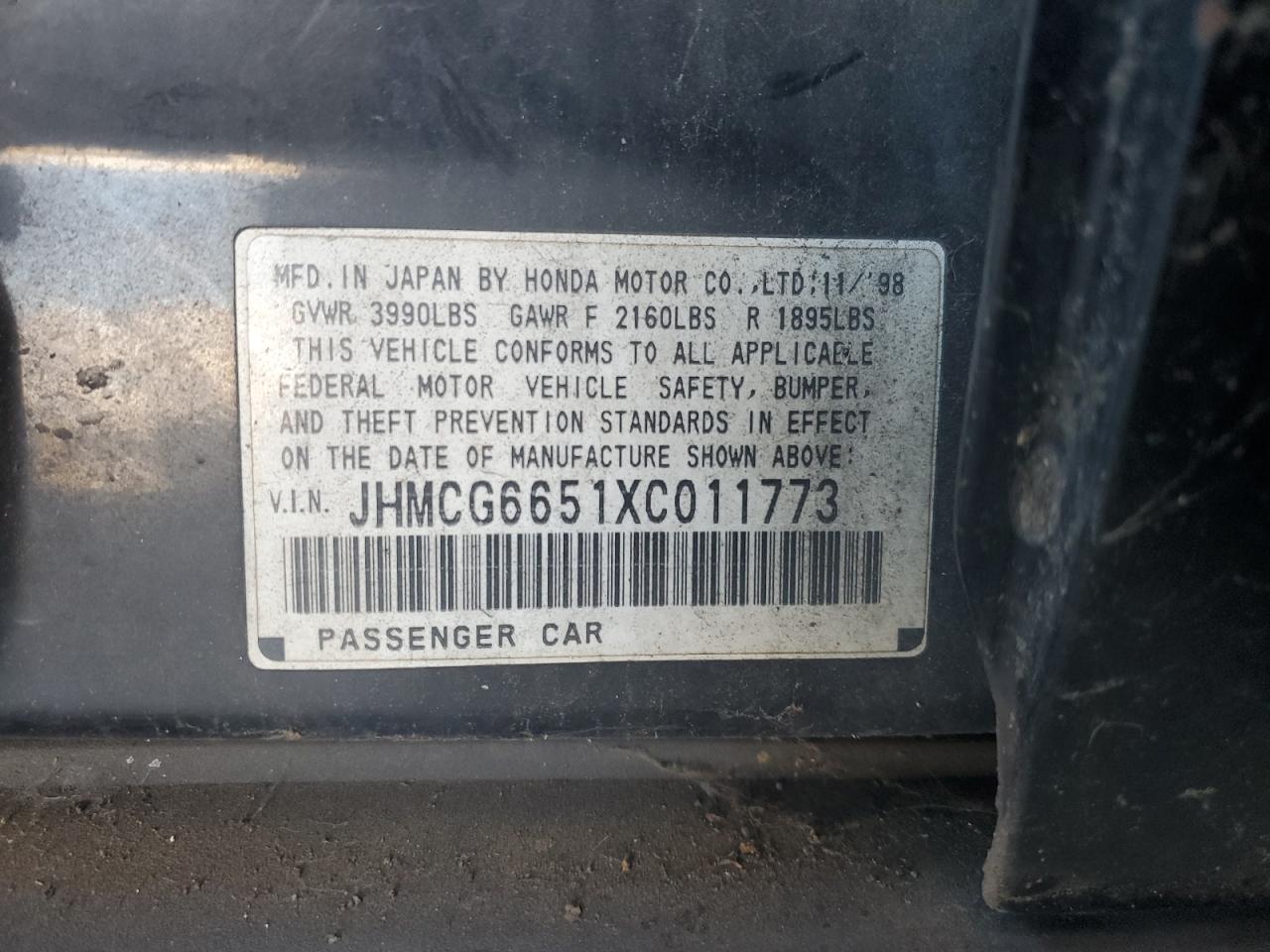 1999 Honda Accord Lx VIN: JHMCG6651XC011773 Lot: 71686555