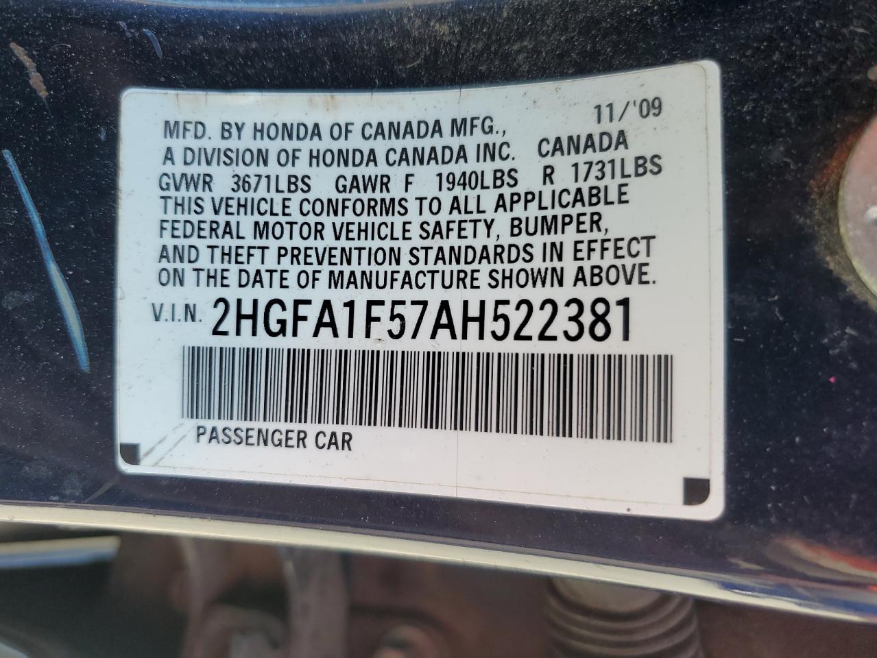 2010 Honda Civic Lx VIN: 2HGFA1F57AH522381 Lot: 71913735