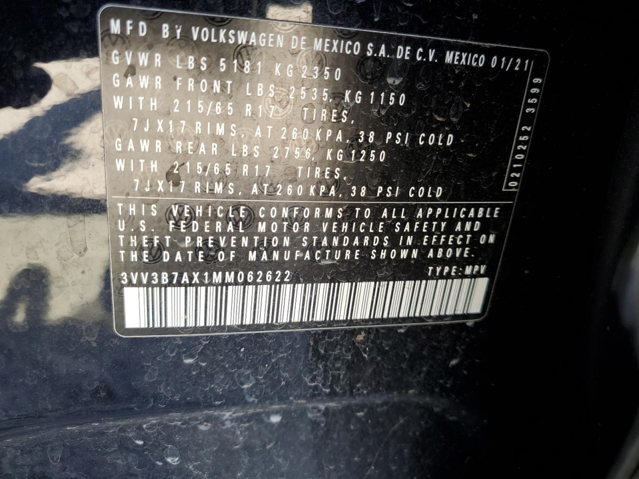 2021 Volkswagen Tiguan Se VIN: 3VV3B7AX1MM062622 Lot: 71444495
