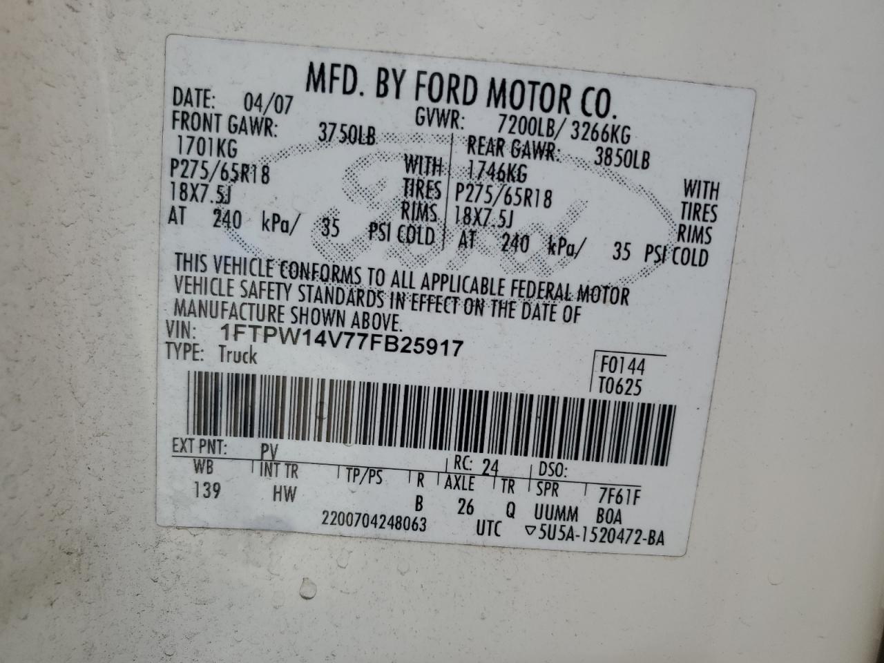 2007 Ford F150 Supercrew VIN: 1FTPW14V77FB25917 Lot: 80695865