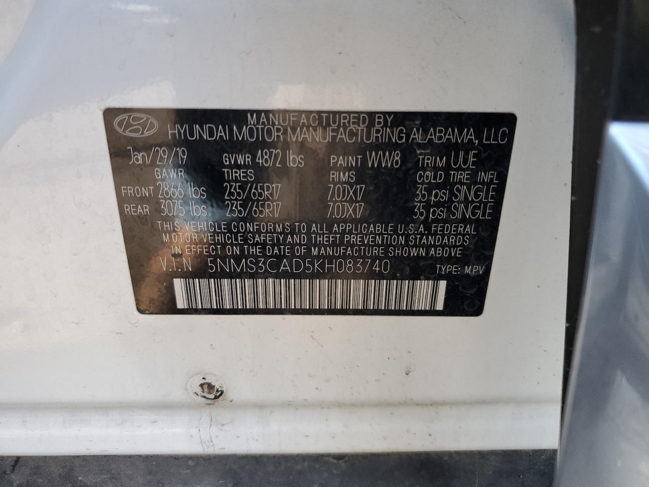 2019 Hyundai Santa Fe Sel VIN: 5NMS3CAD5KH083740 Lot: 81084605