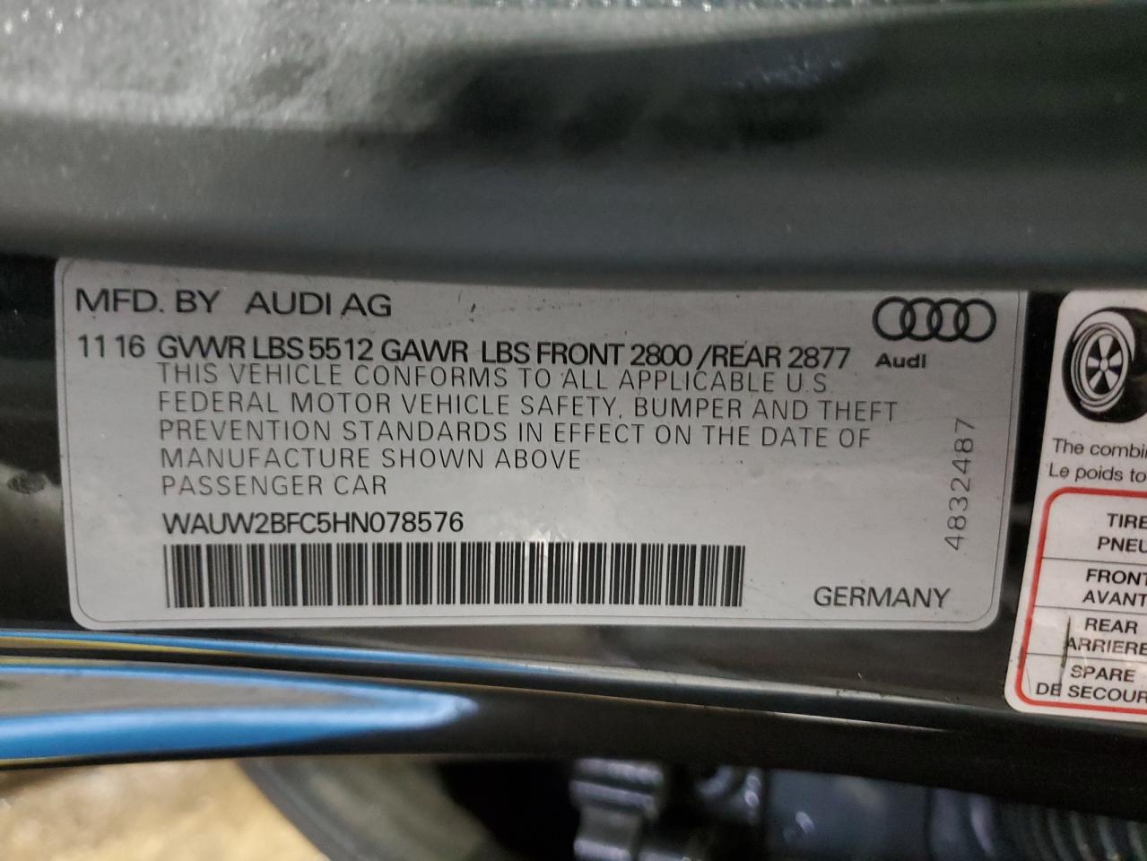 2017 Audi A7 Premium Plus VIN: WAUW2BFC5HN078576 Lot: 82105055