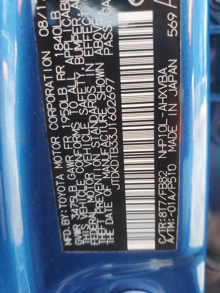 2018 Toyota Prius C VIN: JTDKDTB33J1602697 Lot: 83778085