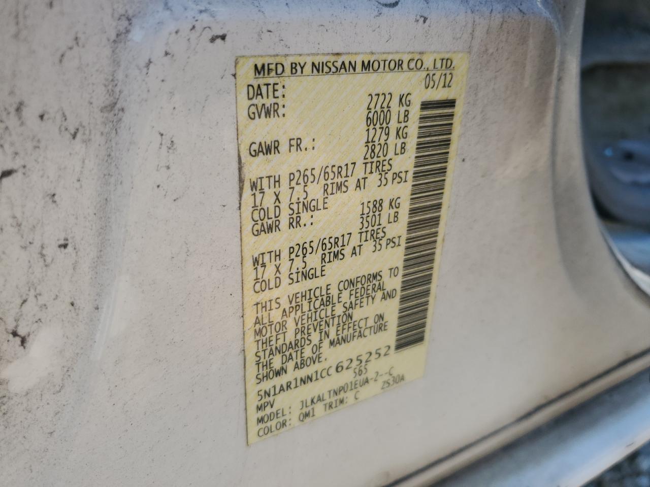 2012 Nissan Pathfinder S VIN: 5N1AR1NN1CC625252 Lot: 80337345