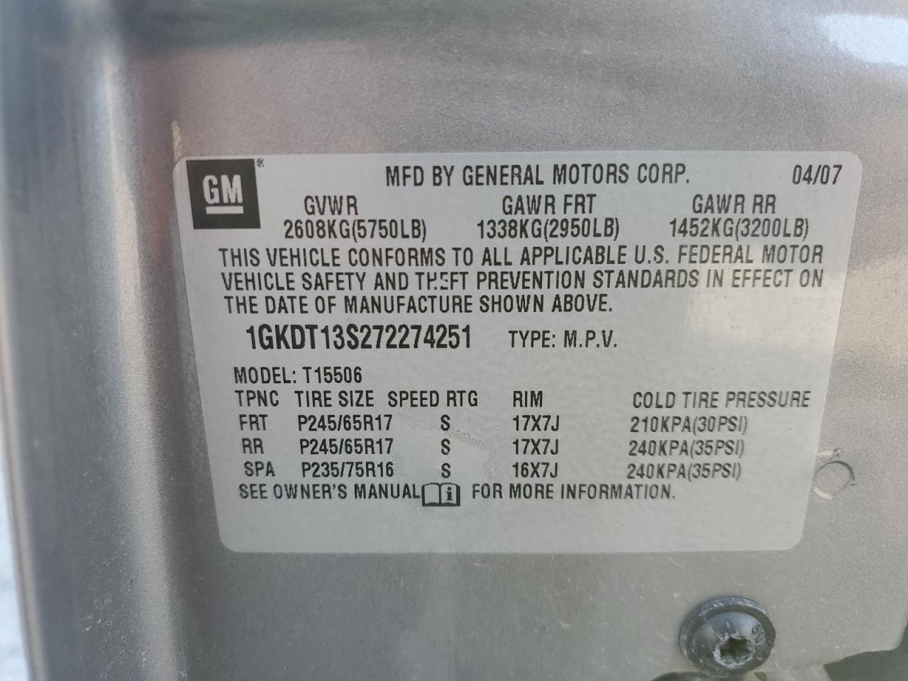 2007 GMC Envoy VIN: 1GKDT13S272274251 Lot: 81073745