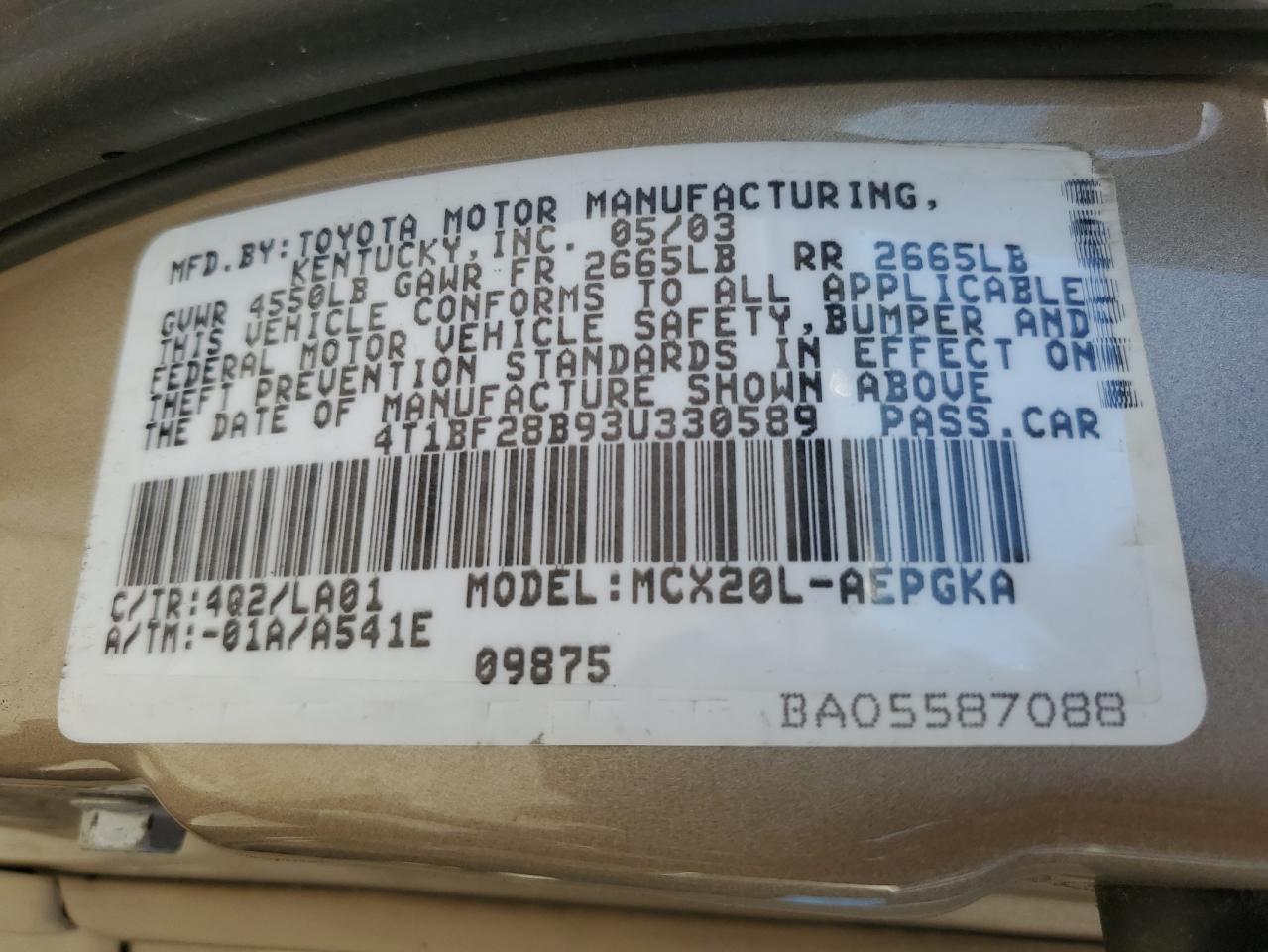 2003 Toyota Avalon Xl VIN: 4T1BF28B93U330589 Lot: 81909955