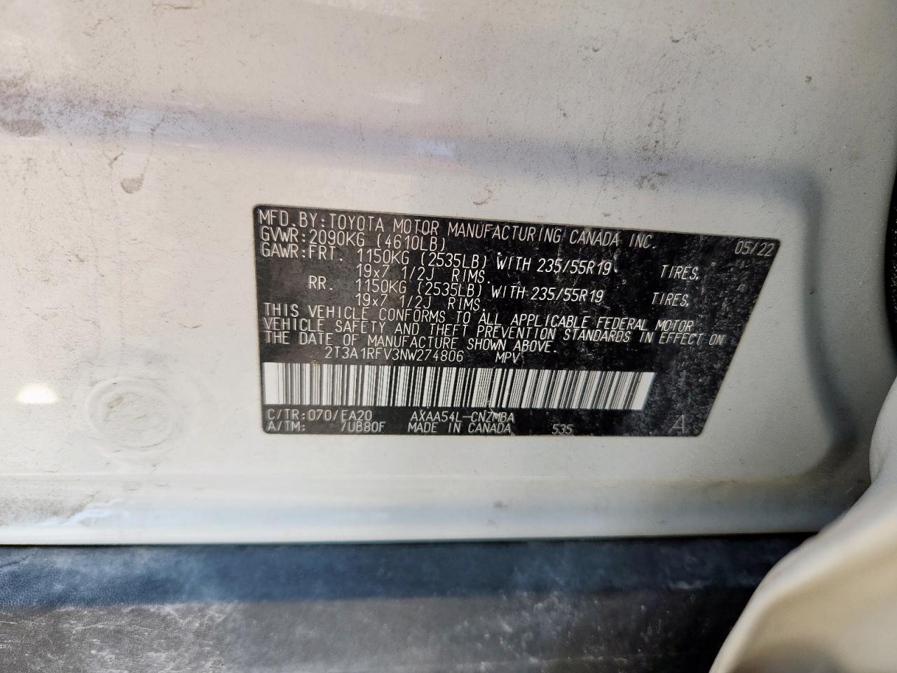 2022 Toyota Rav4 Xle Premium VIN: 2T3A1RFV3NW274806 Lot: 80762695