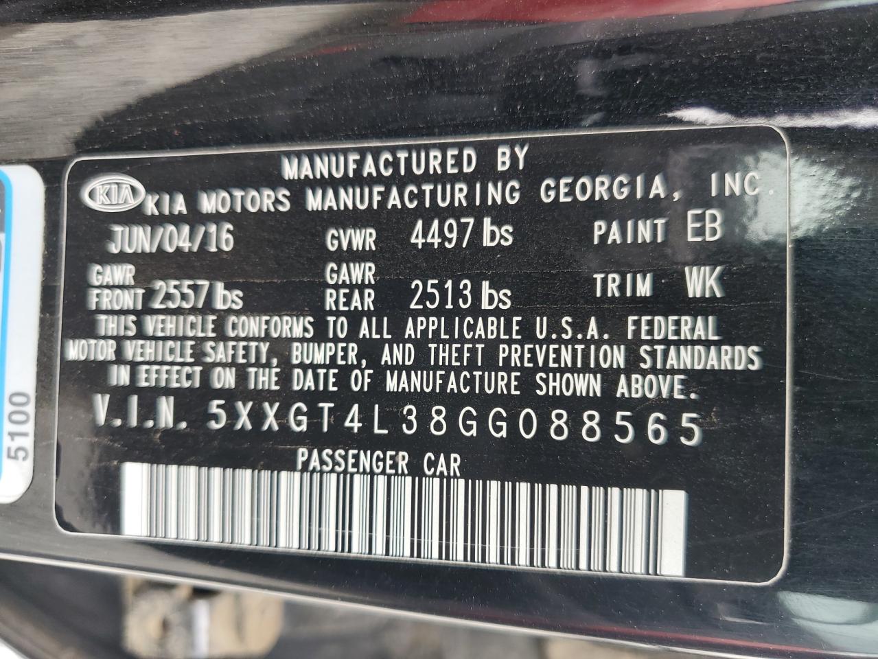 2016 Kia Optima Lx VIN: 5XXGT4L38GG088565 Lot: 81160685