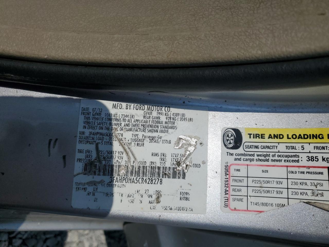 2012 Ford Fusion Se VIN: 3FAHP0HA5CR428278 Lot: 71600765