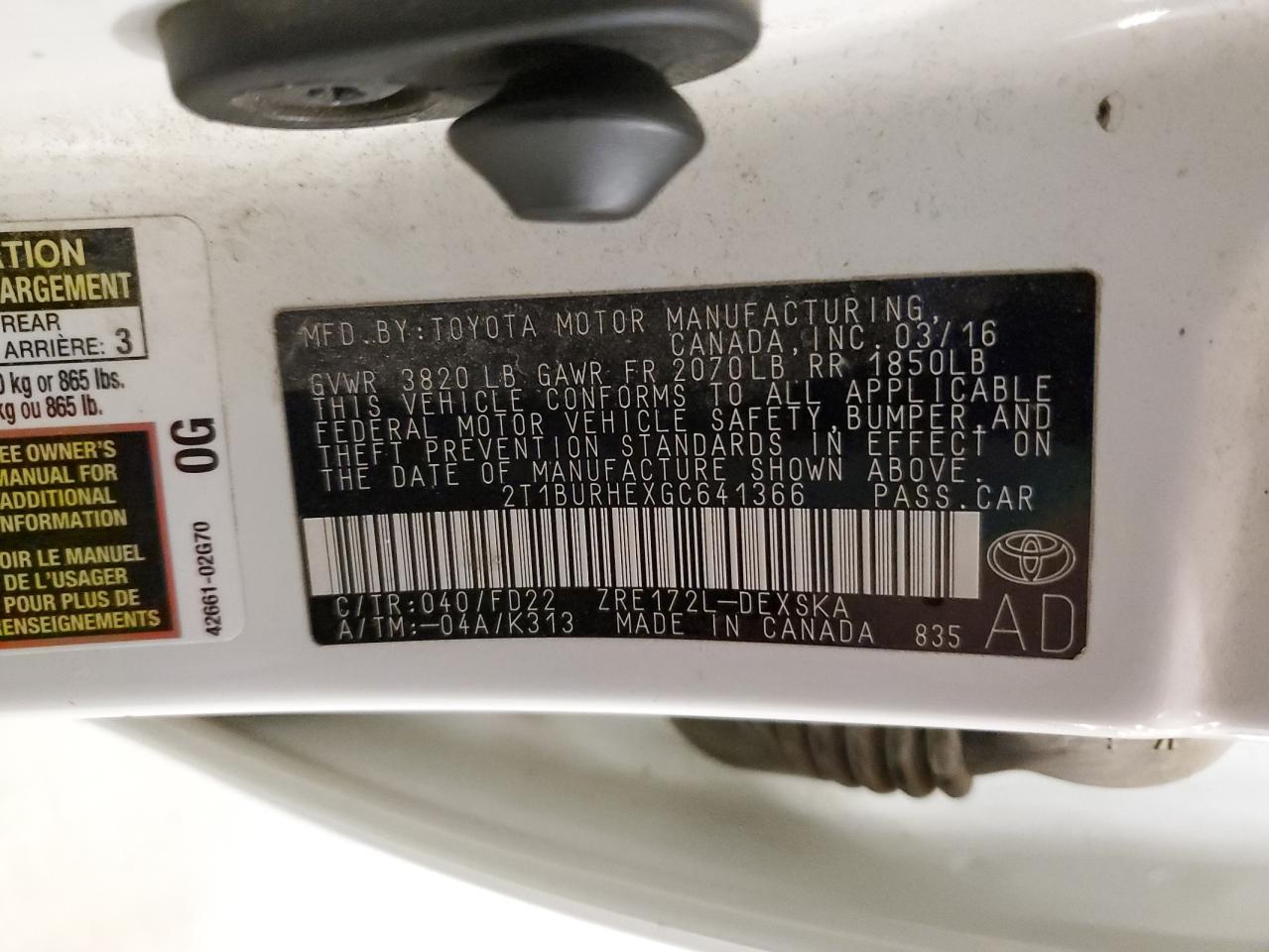 2016 Toyota Corolla L VIN: 2T1BURHEXGC641366 Lot: 71480685