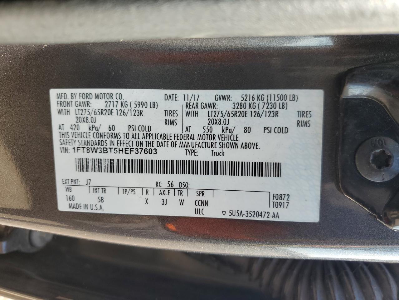 2017 Ford F350 Super Duty VIN: 1FT8W3BT5HEF37603 Lot: 70145135