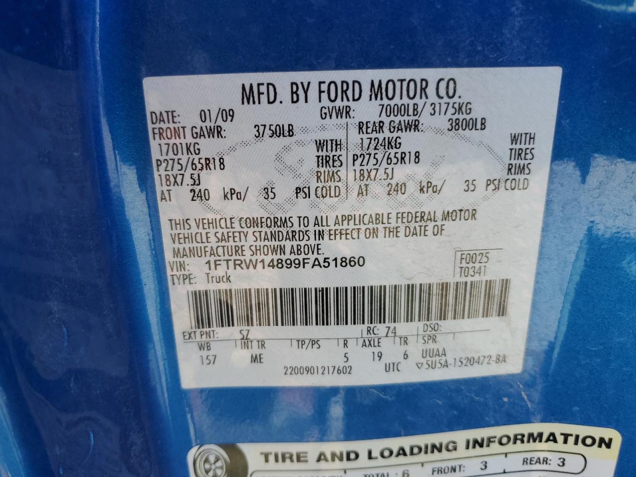 2009 Ford F150 Supercrew VIN: 1FTRW14899FA51860 Lot: 80703575