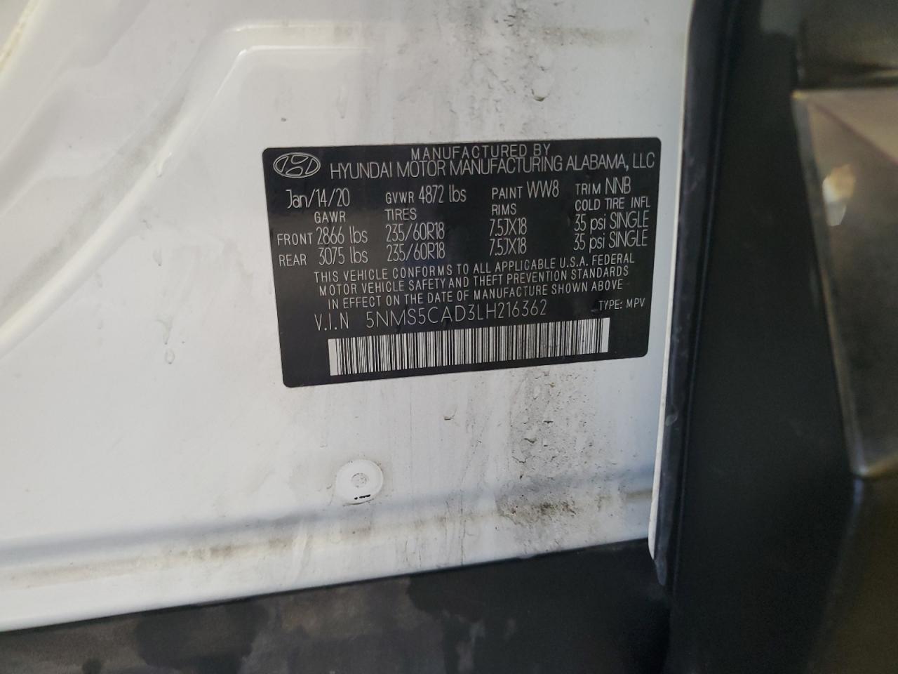 2020 Hyundai Santa Fe Limited VIN: 5NMS5CAD3LH216362 Lot: 80194645