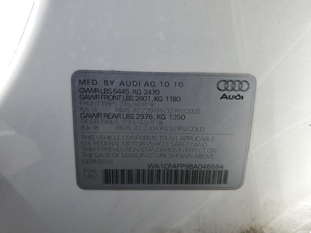 2011 Audi Q5 Premium VIN: WA1CFAFP9BA046584 Lot: 81088035