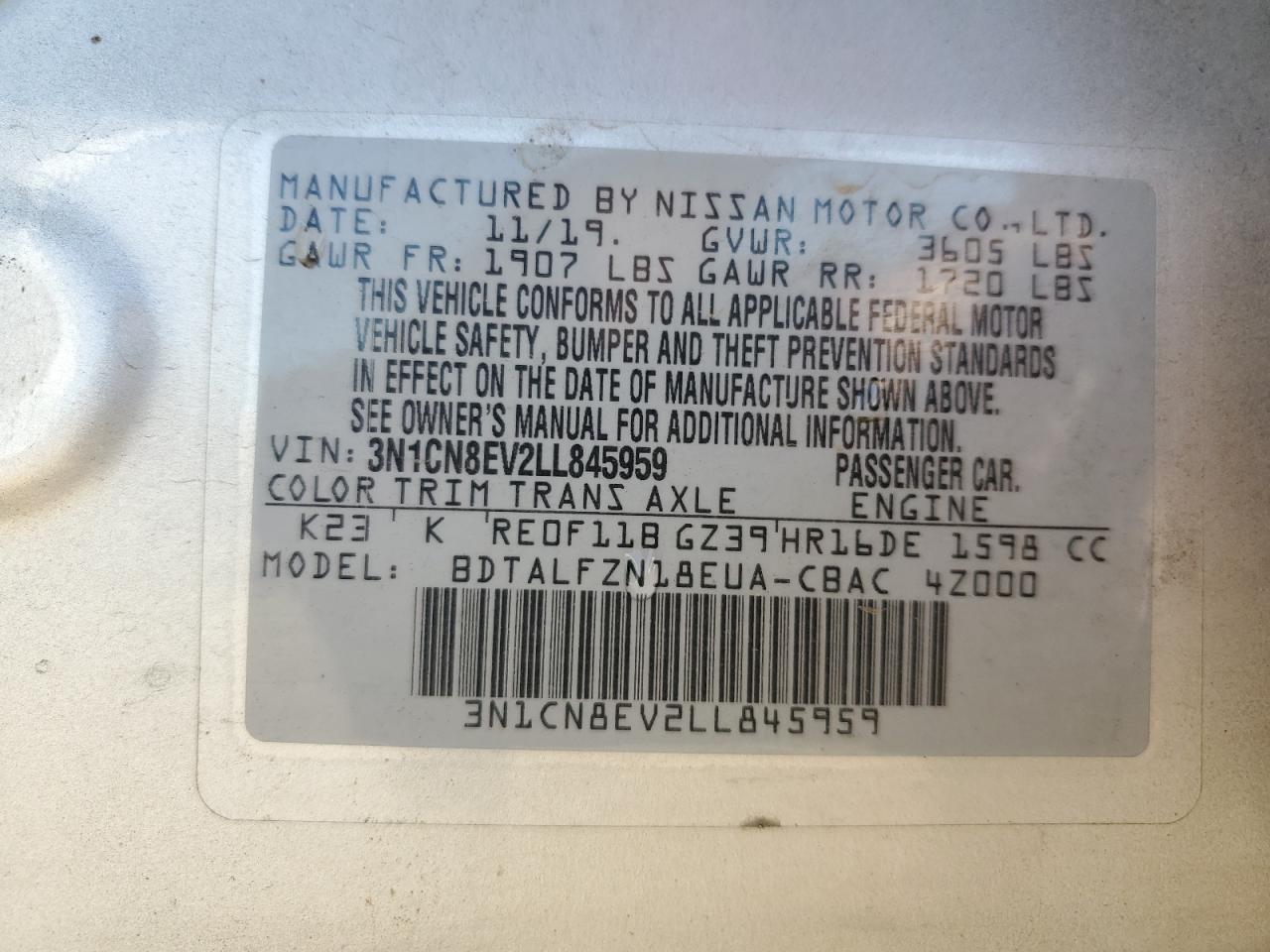 2020 Nissan Versa Sv VIN: 3N1CN8EV2LL845959 Lot: 71544015