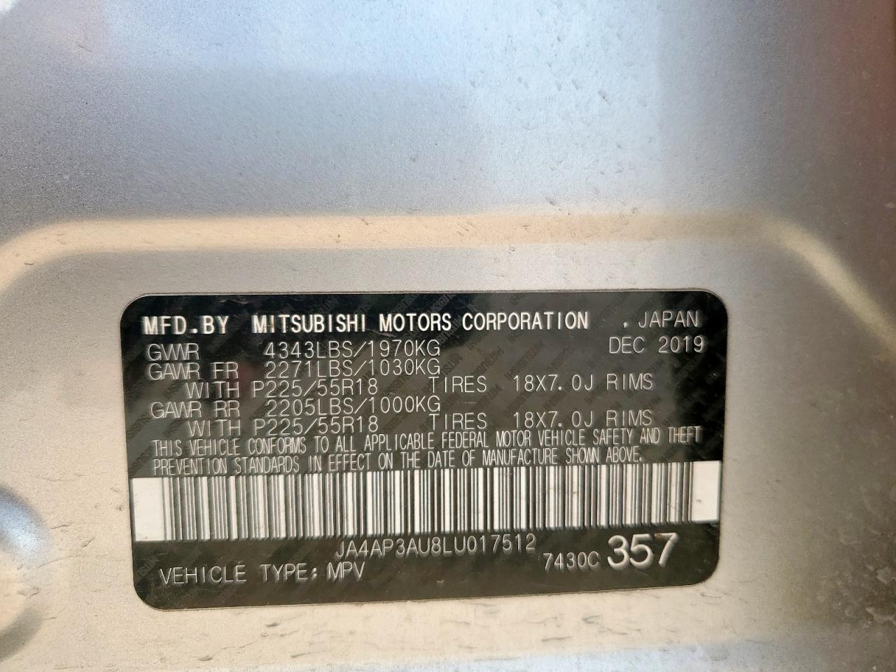 2020 Mitsubishi Outlander Sport Es VIN: JA4AP3AU8LU017512 Lot: 62230075