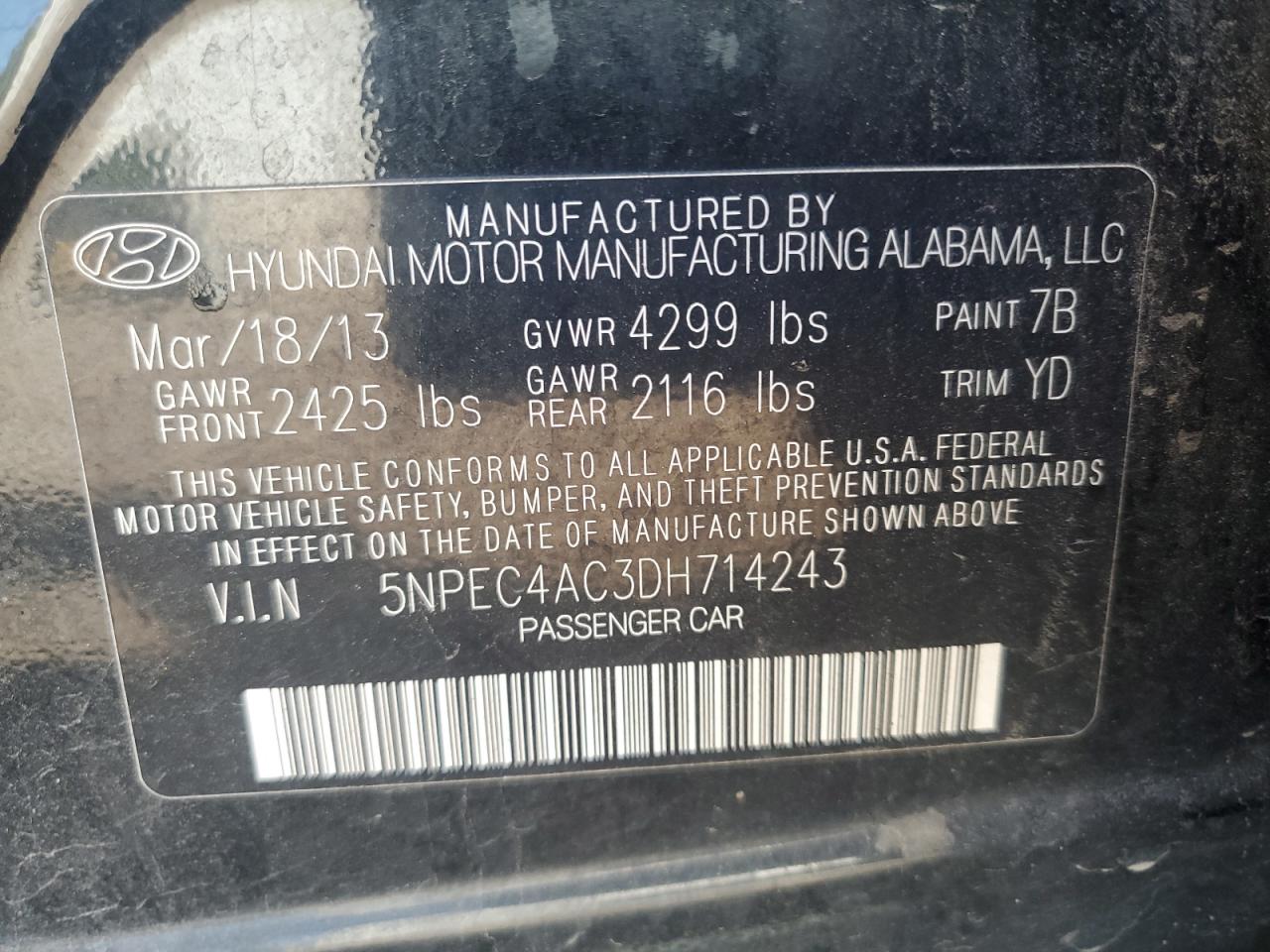 2013 Hyundai Sonata Se VIN: 5NPEC4AC3DH714243 Lot: 81769275