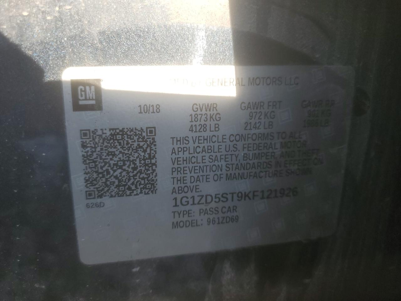 2019 Chevrolet Malibu Lt VIN: 1G1ZD5ST9KF121926 Lot: 82069325