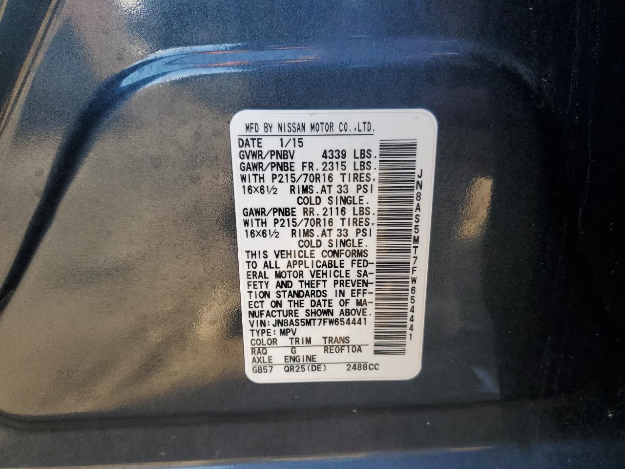 2015 Nissan Rogue Select S VIN: JN8AS5MT7FW654441 Lot: 81867385