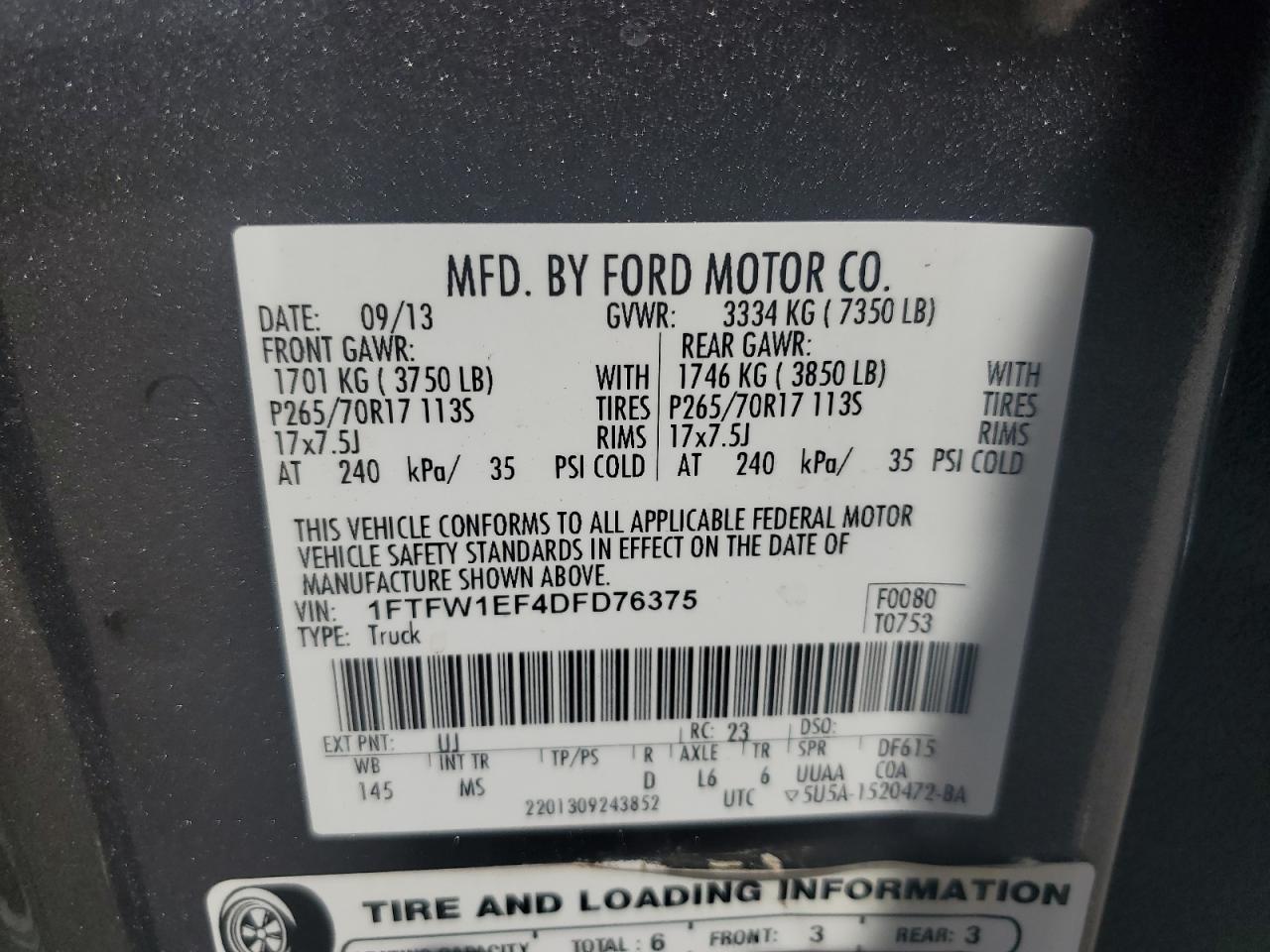 2013 Ford F150 Supercrew VIN: 1FTFW1EF4DFD76375 Lot: 84034165