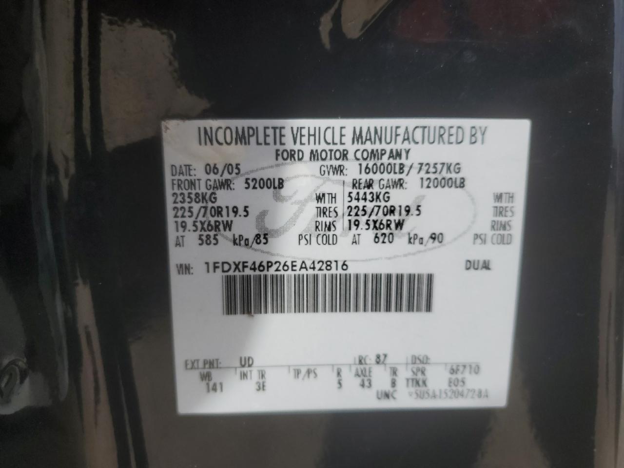2006 Ford F450 Super Duty VIN: 1FDXF46P26EA42816 Lot: 84191605