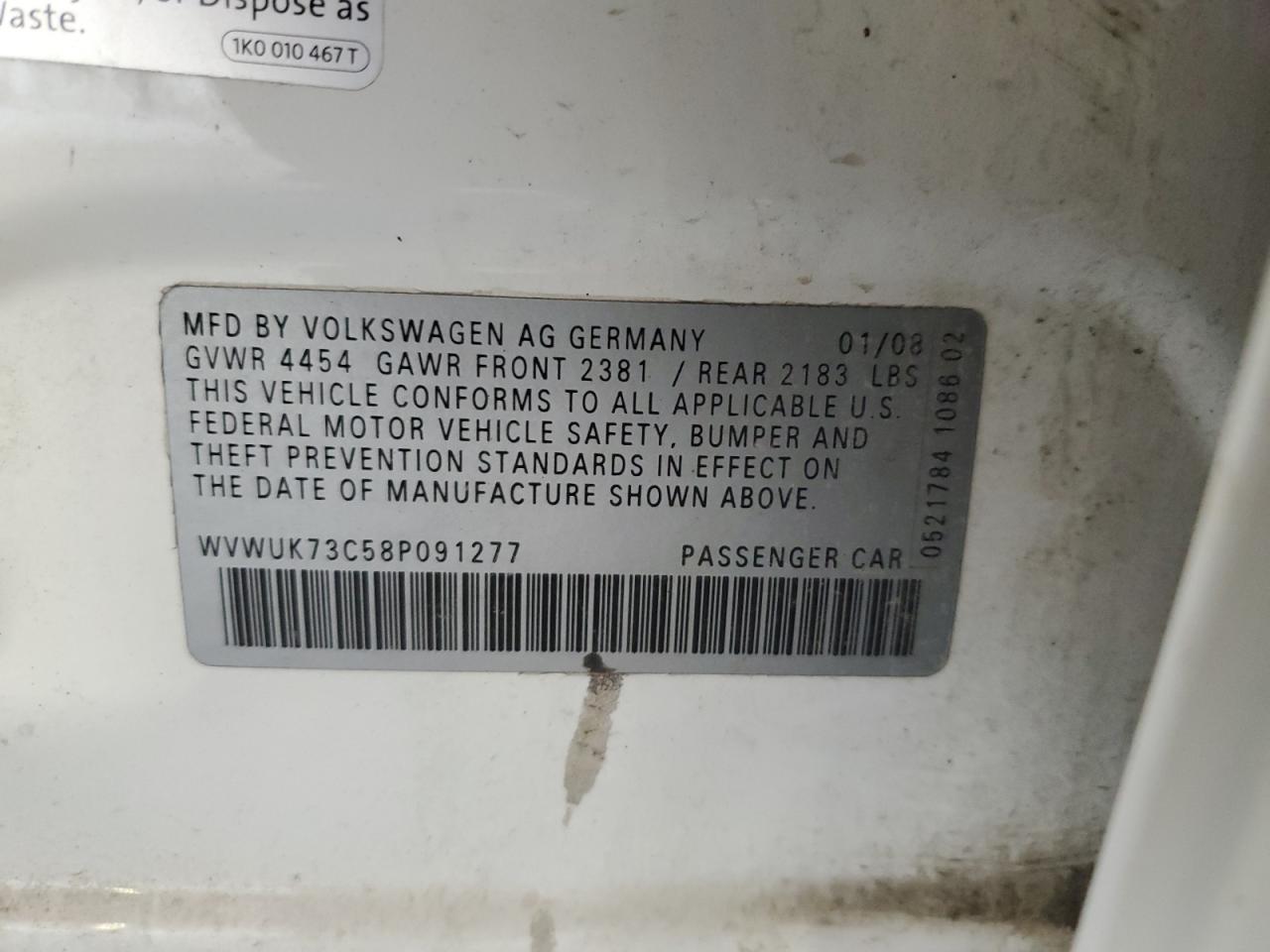 2008 Volkswagen Passat Turbo VIN: WVWUK73C58P091277 Lot: 70559715