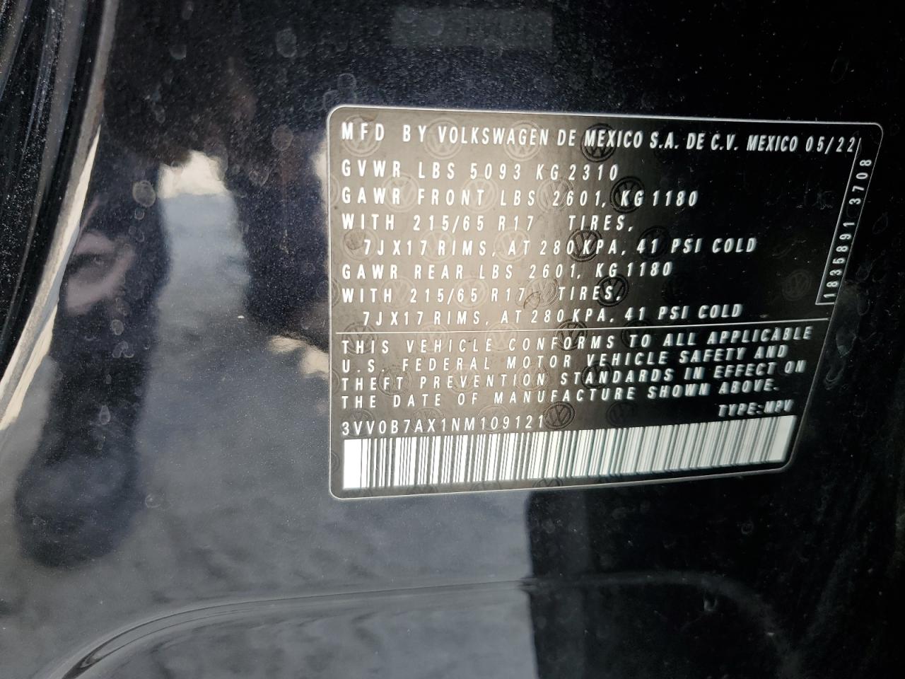 2022 Volkswagen Tiguan S VIN: 3VV0B7AX1NM109121 Lot: 71181045