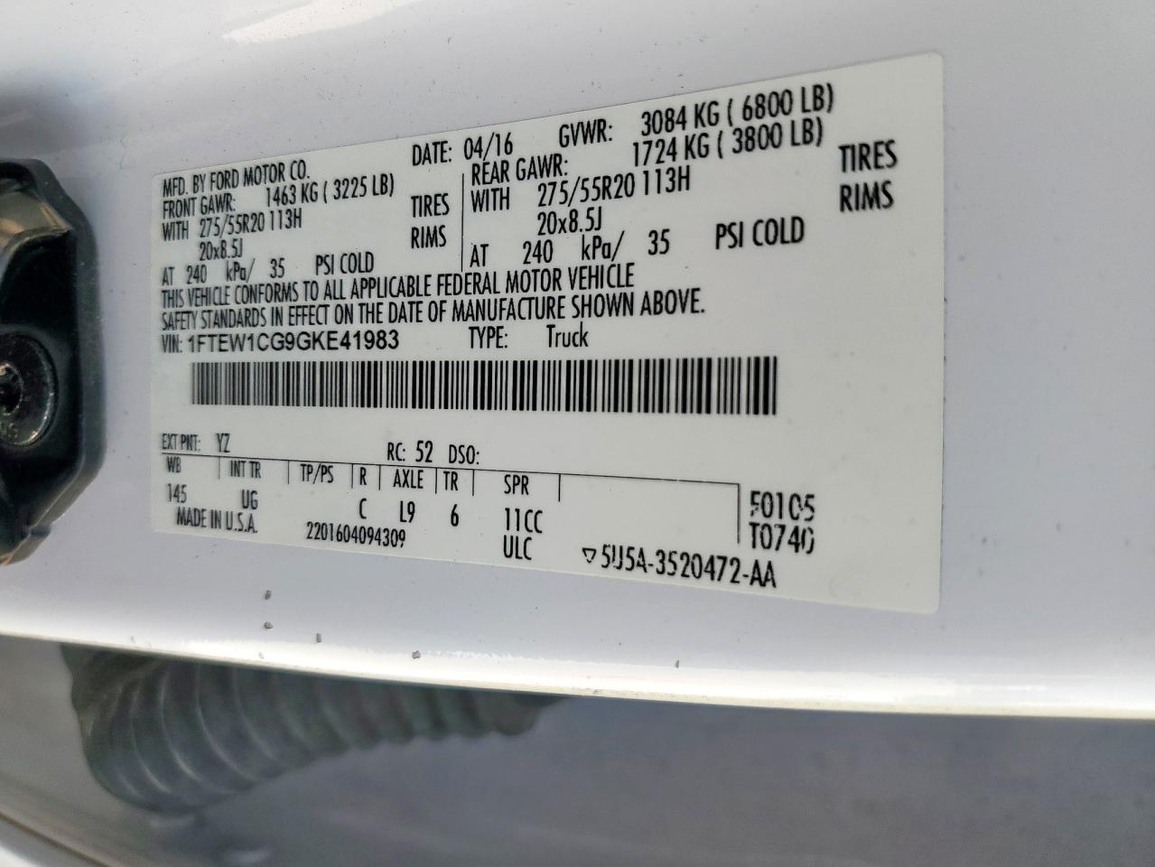 2016 Ford F150 Supercrew VIN: 1FTEW1CG9GKE41983 Lot: 84217355