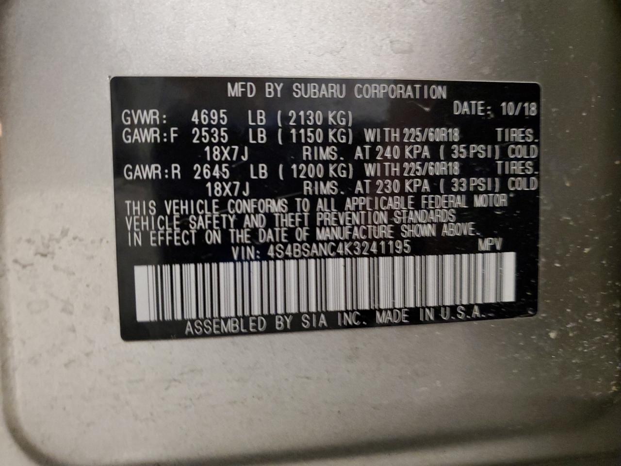 2019 Subaru Outback 2.5I Limited VIN: 4S4BSANC4K3241195 Lot: 80533055