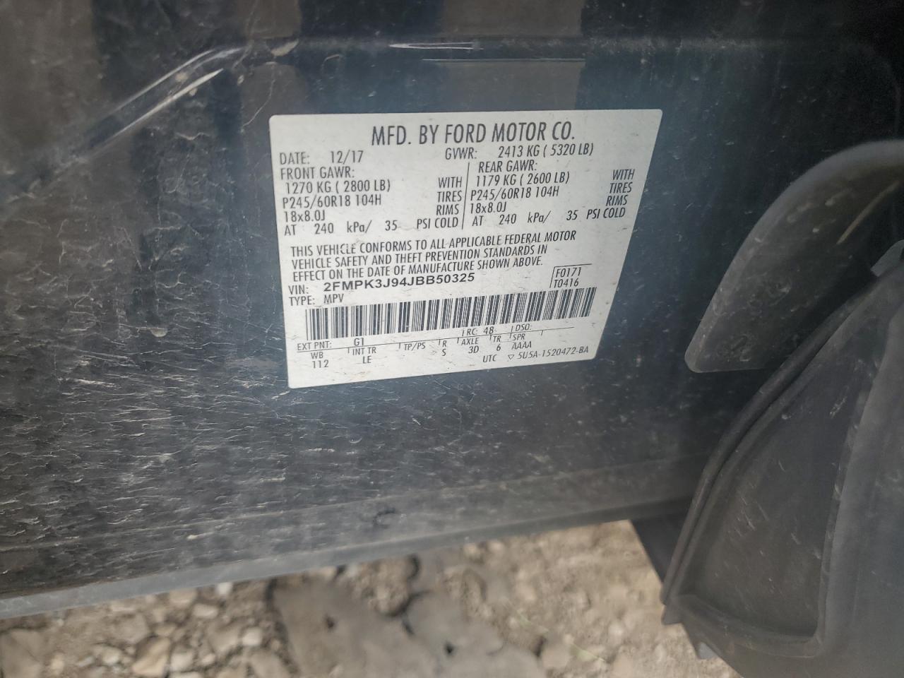 2018 Ford Edge Sel VIN: 2FMPK3J94JBB50325 Lot: 80254975