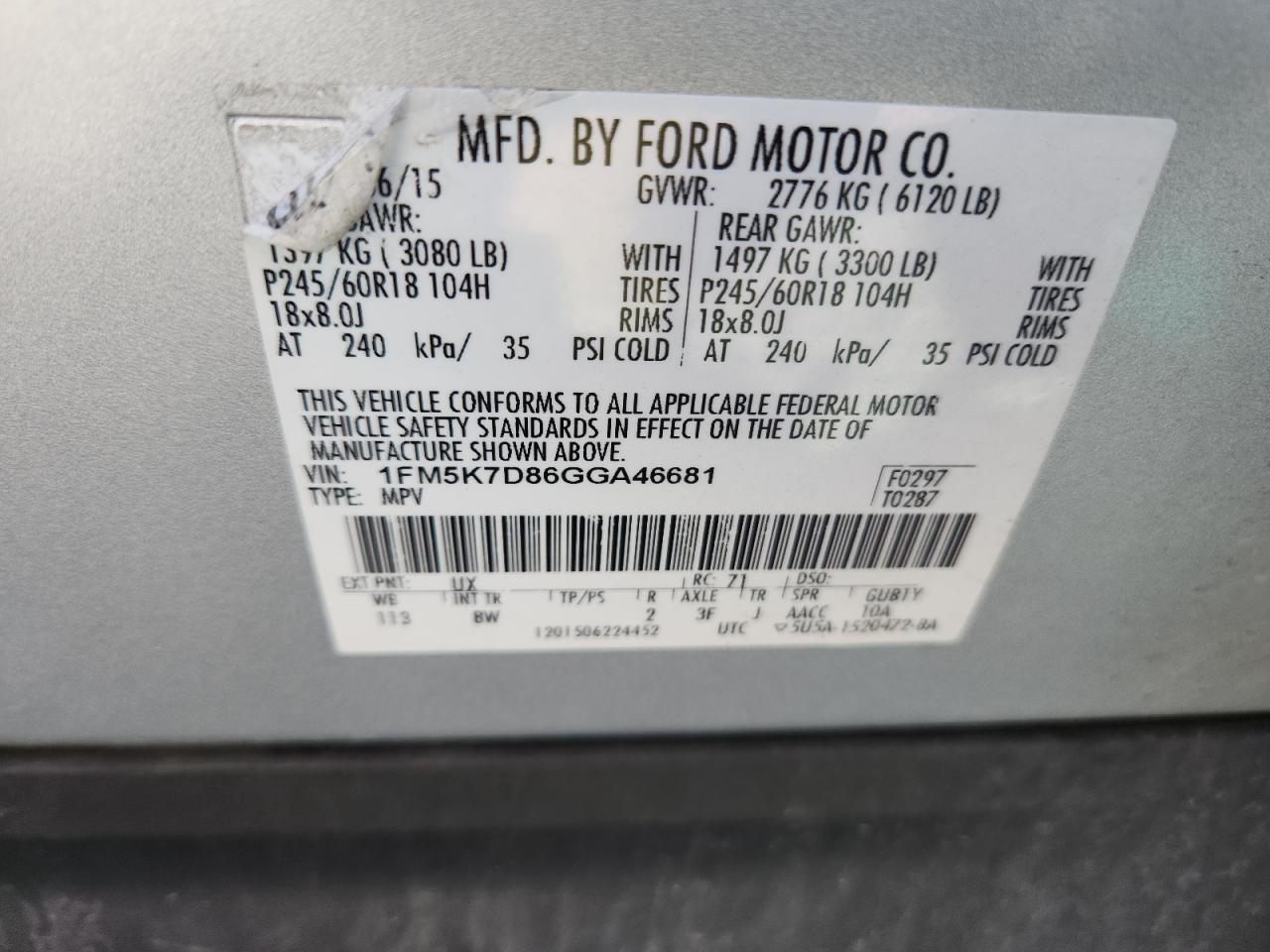 2016 Ford Explorer Xlt VIN: 1FM5K7D86GGA46681 Lot: 80678825