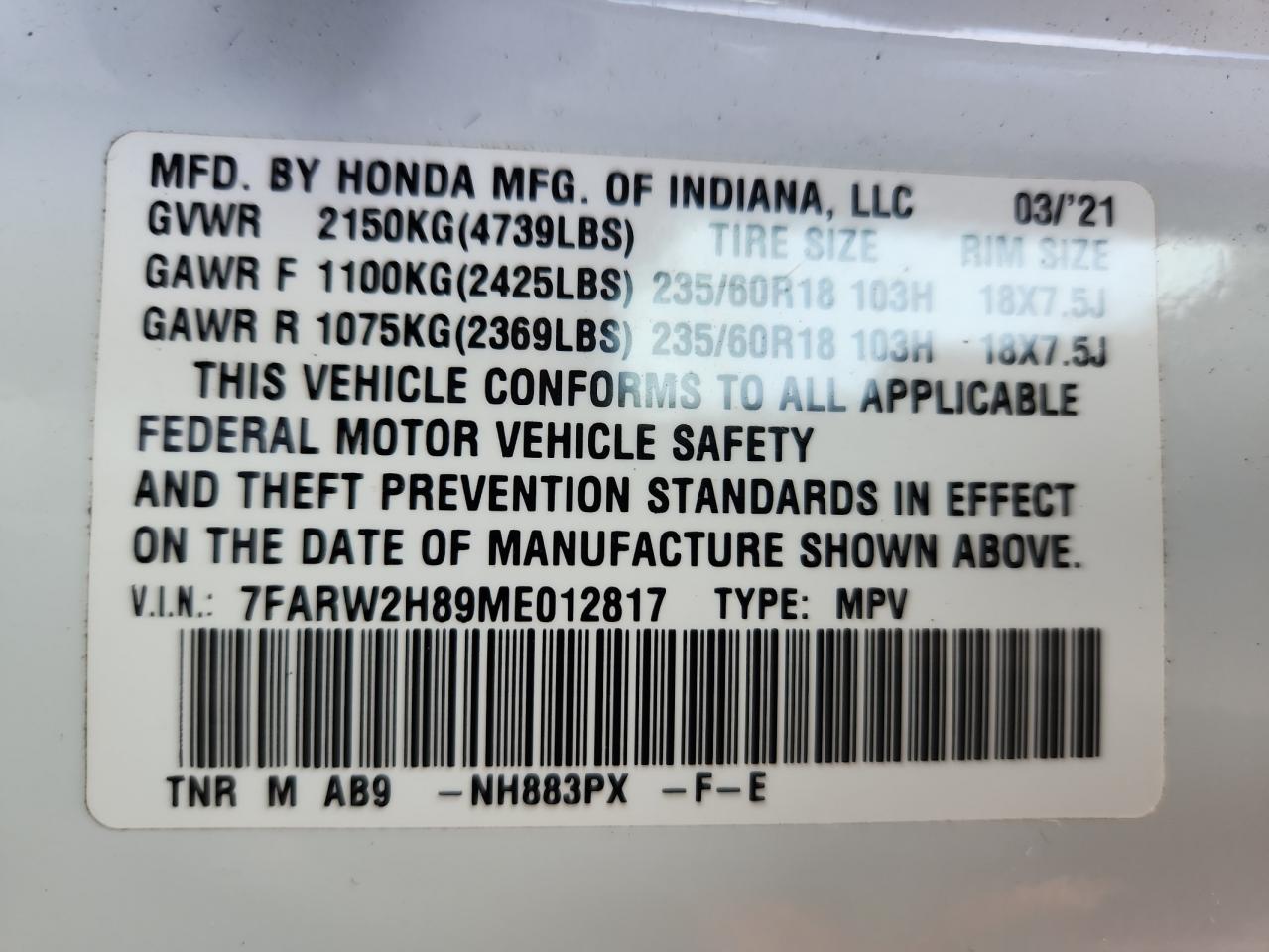 2021 Honda Cr-V Exl VIN: 7FARW2H89ME012817 Lot: 84617425