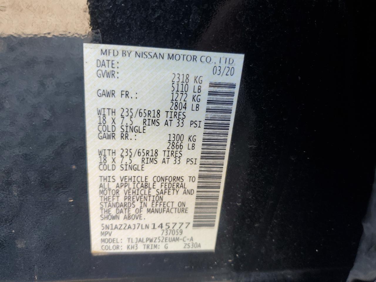 2020 Nissan Murano S VIN: 5N1AZ2AJ7LN145777 Lot: 71267335