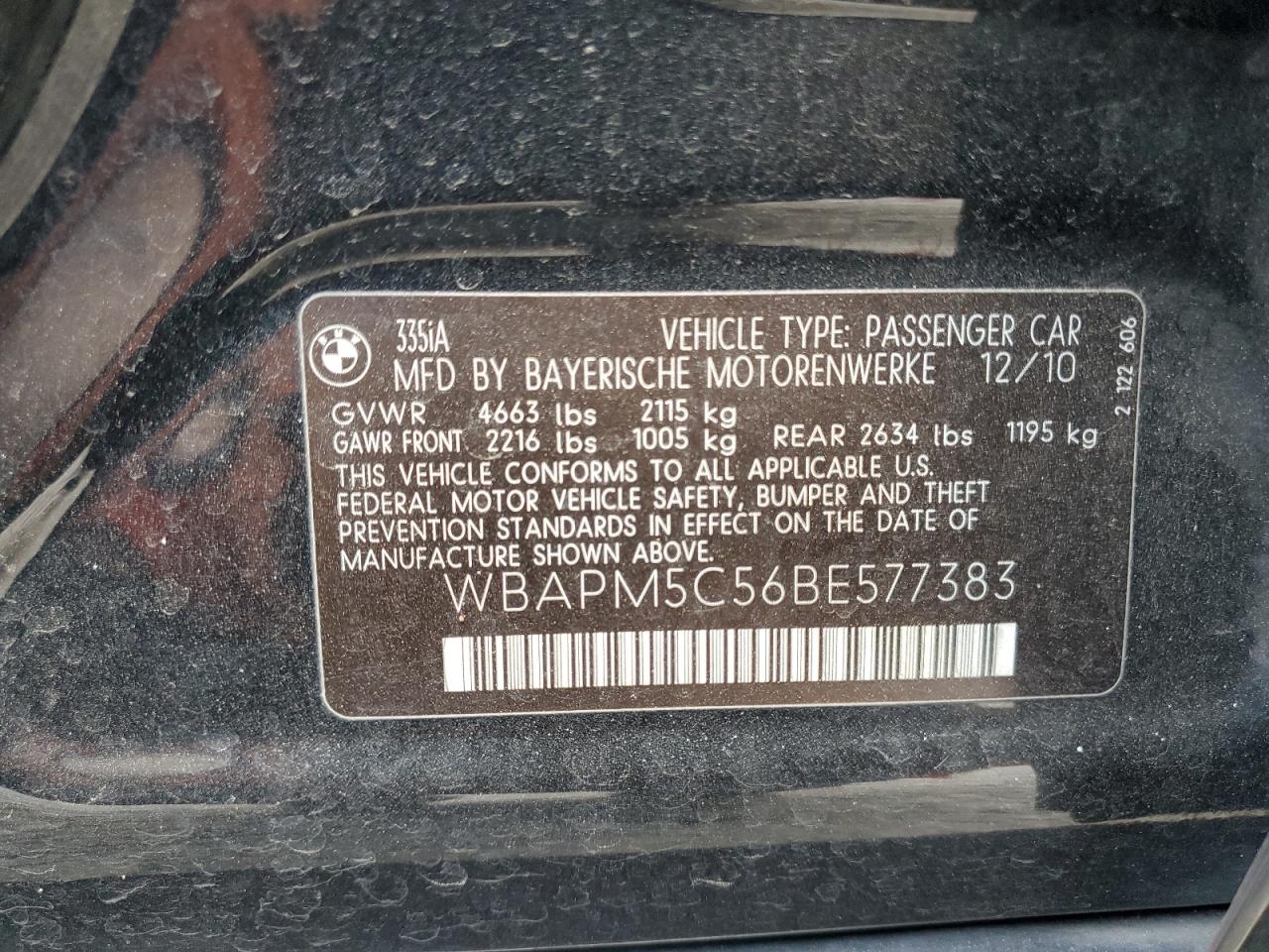 2011 BMW 335 I VIN: WBAPM5C56BE577383 Lot: 84232625