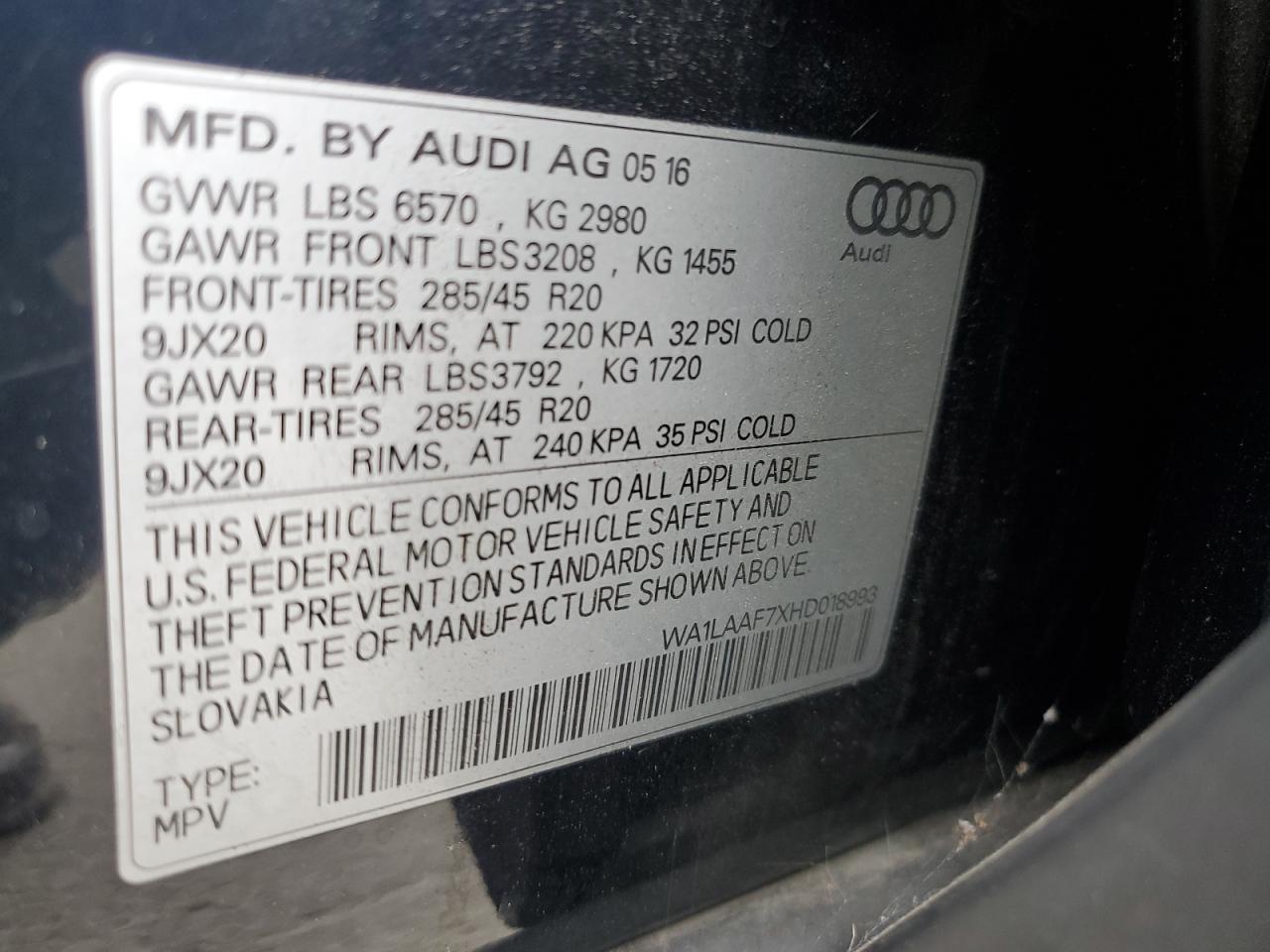 2017 Audi Q7 Premium Plus VIN: WA1LAAF7XHD018993 Lot: 84004545