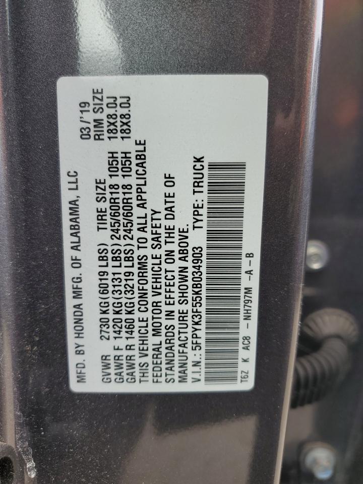 2019 Honda Ridgeline Rtl VIN: 5FPYK3F55KB034903 Lot: 82138175