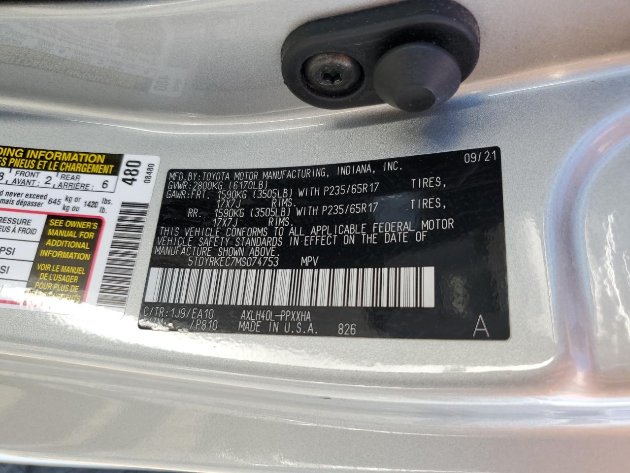 2021 Toyota Sienna Xle VIN: 5TDYRKEC7MS074753 Lot: 83849265